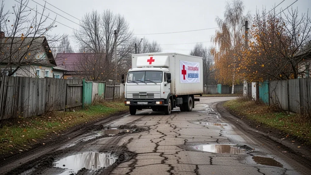 Військова вантажівка з гуманітарною допомогою на розбитій дорозі біля зруйнованих будівель