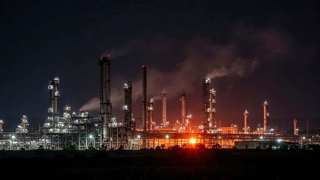 Силуети промислових ректифікаційних колон та резервуарів нафтопереробного комплексу вночі на тлі червоно-помаранчевого свічення