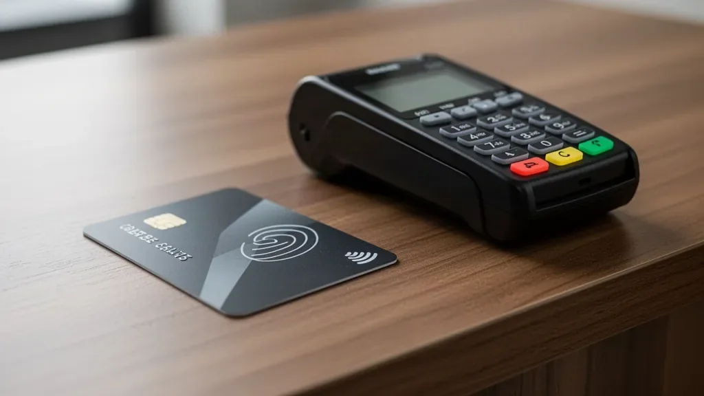 Банківська платіжна картка біля платіжного POS-термінала на касовій стійці