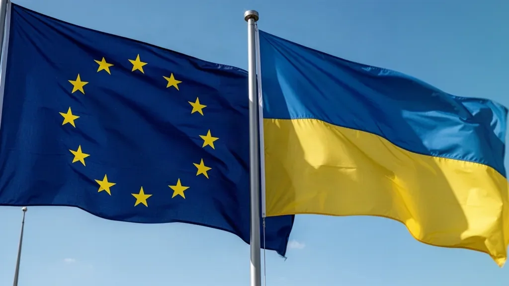 Прапори Європейського Союзу та України на металевих флагштоках на тлі неба