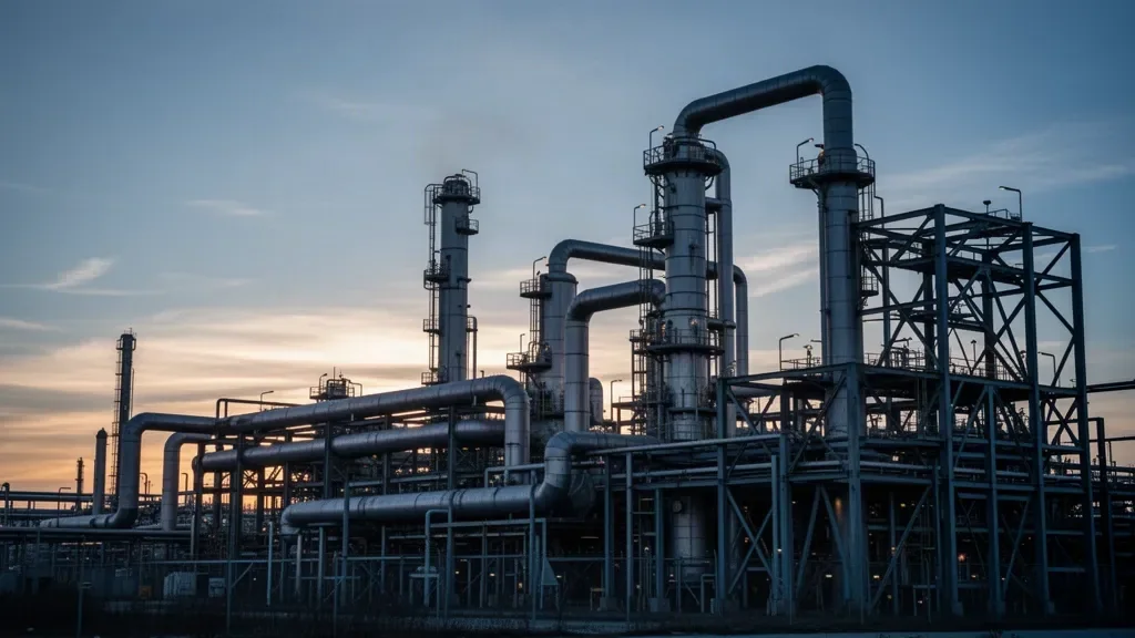 Промышленные металлические конструкции и трубопроводы нефтебазы на рассвете на фоне пасмурного неба