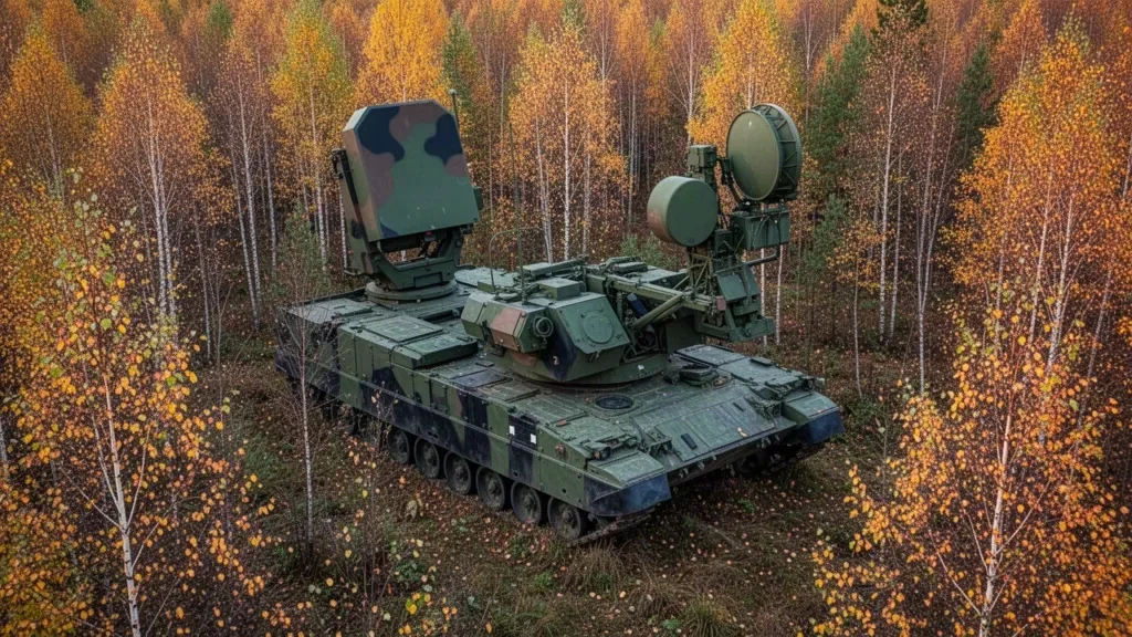 Военная радиолокационная и пусковая техника противовоздушной обороны на полевой позиции