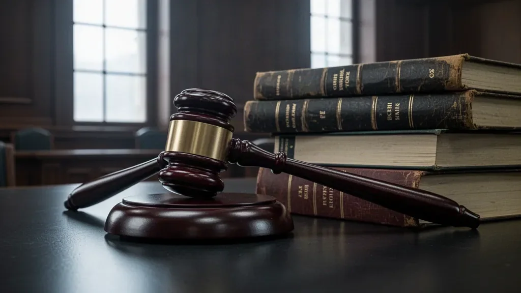 Дерев’яний суддівський молоток і кодекс законів на темній полірованій трибуні в судовій залі