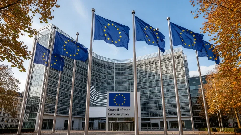 Будівля Ради Європейського Союзу у Брюсселі з прапорами країн ЄС