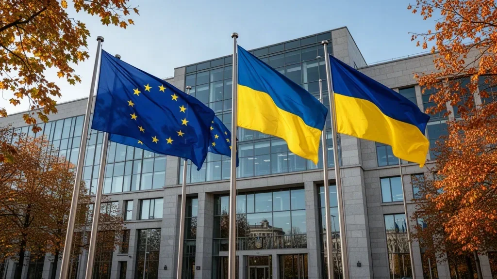 Прапори Європейського Союзу та України на тлі урядової будівлі в сонячний день