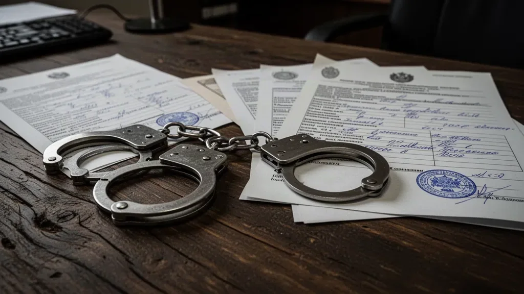 Слідчі документи з печатками та наручники на дерев'яному столі правоохоронців