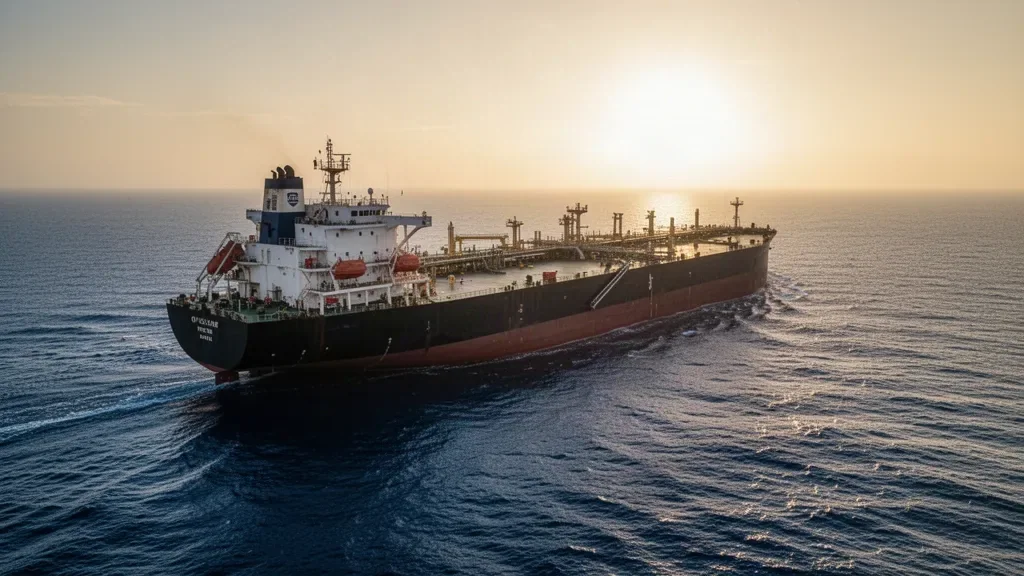 Морской нефтяной танкер на фоне спокойной воды в открытом море на рассвете
