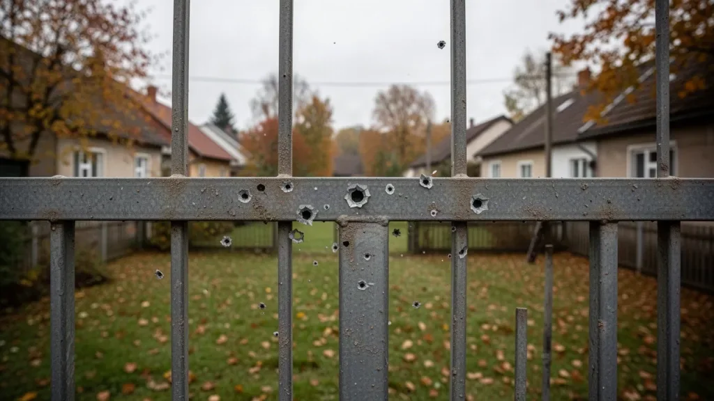 Поврежденный осколками забор в частном секторе после сброса боеприпаса с беспилотника