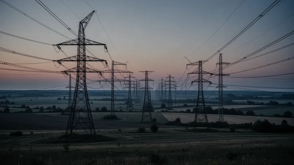 Високовольтні лінії електропередачі на тлі вечірнього неба