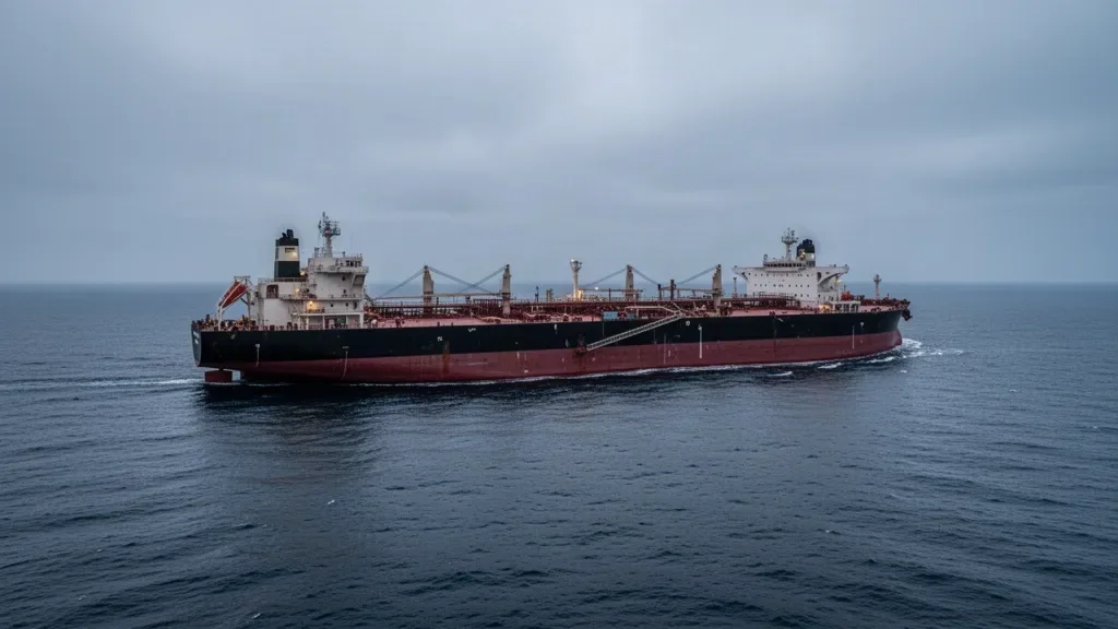 Великий вантажний нафтовий танкер на морському горизонті під час заходу сонця