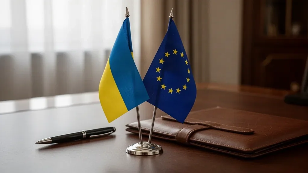 Синє полотно прапора Європейського Союзу із золотими зірками поруч із прапором України