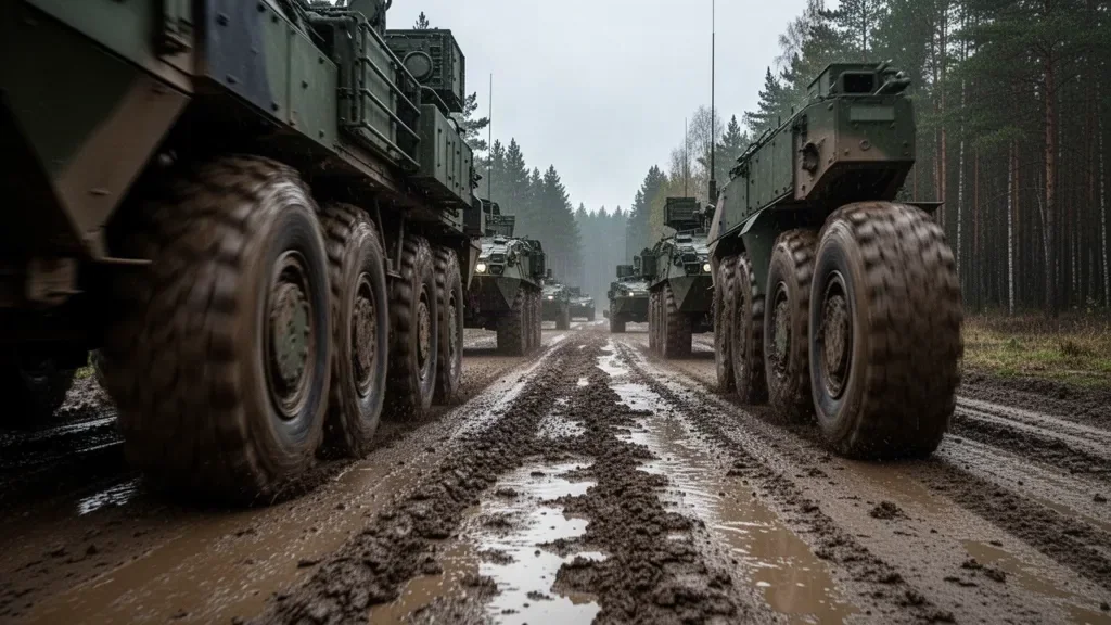 Военный грузовик и колонна бронетехники на заснеженном полигоне во время европейских учений