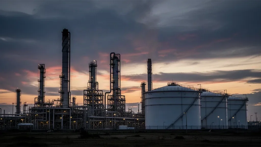 Резервуари та промислові колони нафтопереробного підприємства в сутінках