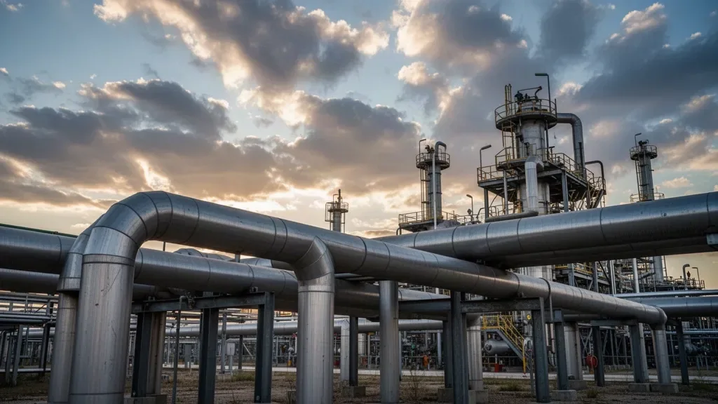 Трубопроводи нафтопереробного заводу та промислові конструкції на світанку