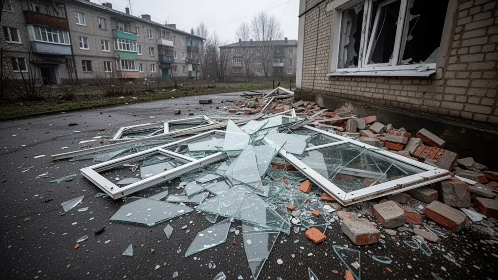 Пошкоджена багатоповерхівка з вибитими шибками та уламками після обстрілу житлового кварталу