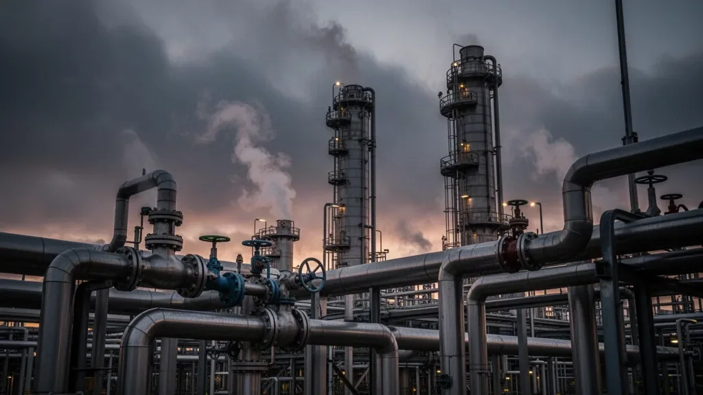 Металлические трубы и колонны нефтеперерабатывающего завода в вечернем свете фонарей