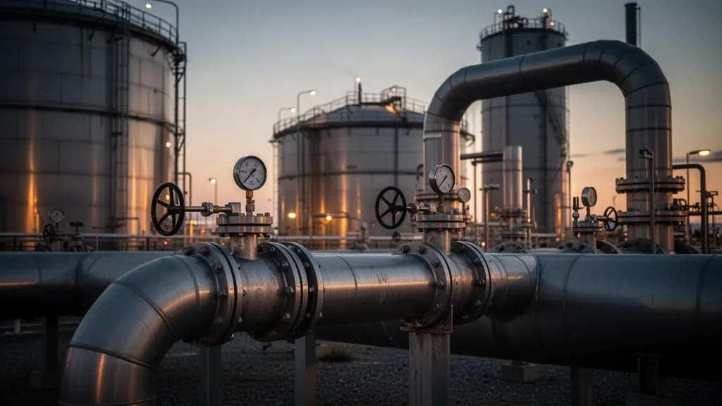 Топливный терминал с трубами и резервуарами для хранения нефтепродуктов в вечернем освещении