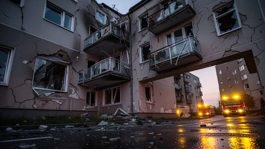 Обломки поврежденного жилого дома и следы пожара после ночного обстрела