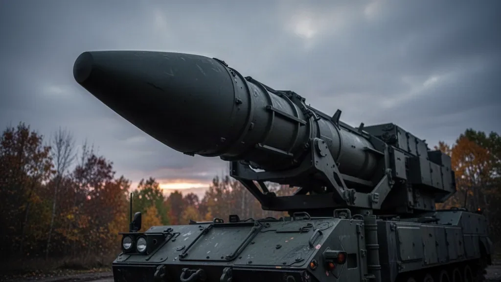 Носова частина сучасної балістичної ракети на пусковій платформі під вечірнім небом