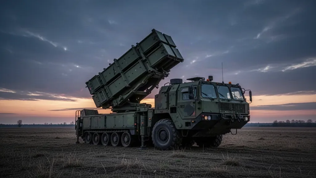 Пусковая установка зенитно-ракетного комплекса противовоздушной обороны в поле в вечернее время