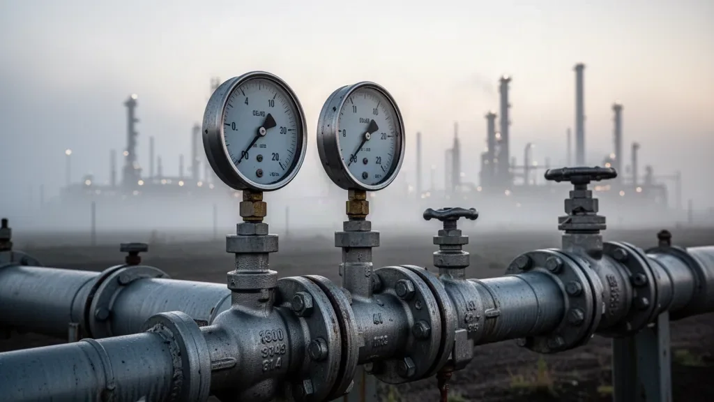 Стрілка промислового манометра на нафтовому трубопроводі в сутінках