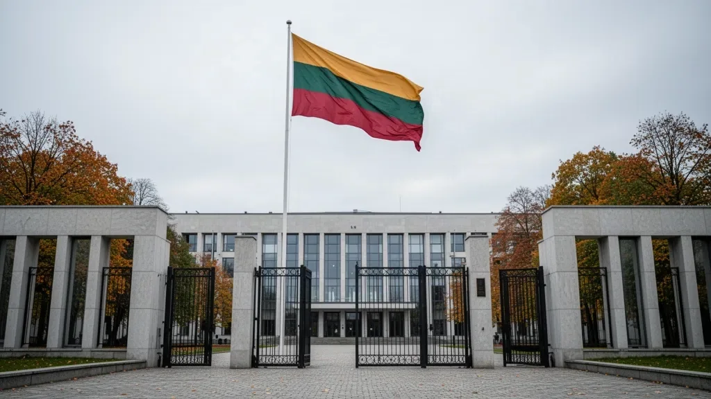 Литовський прапор на флагштоці біля фасаду парламенту Сейму у Вільнюсі