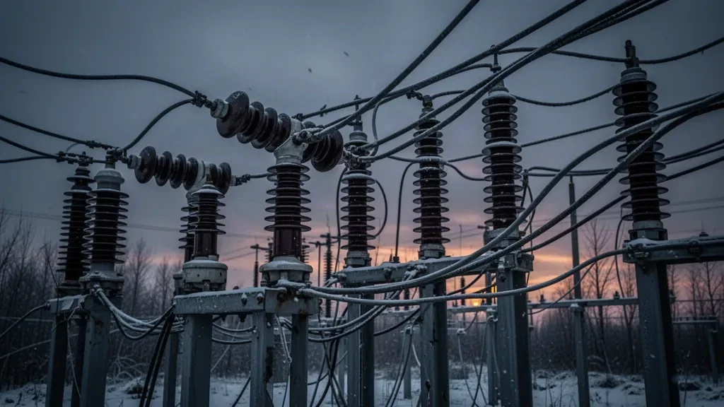 Пошкоджений високовольтний трансформатор та ізолятори на підстанції на тлі зимового неба