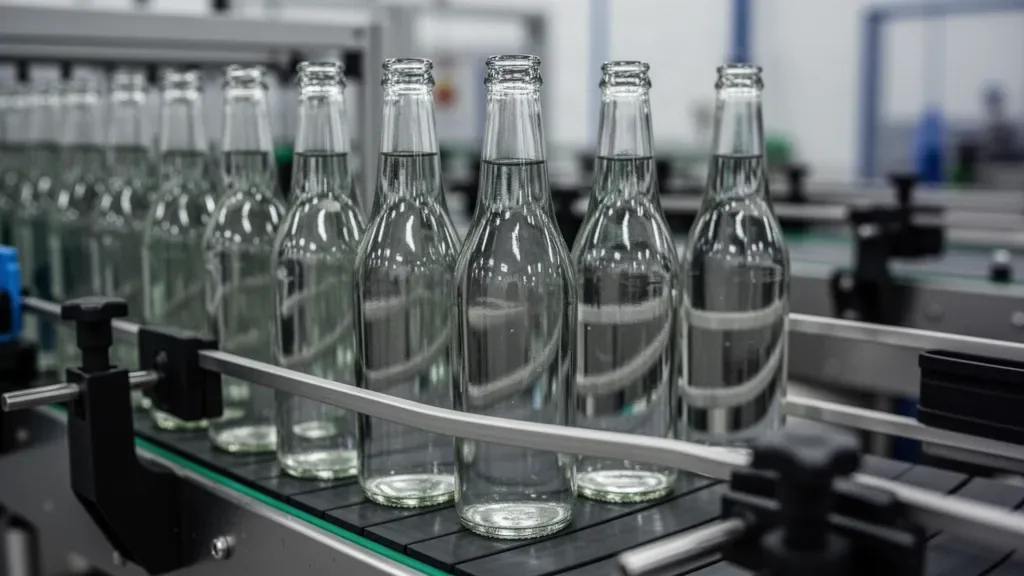 Стеклянные бутылки на автоматизированной линии маркировки продукции на заводе