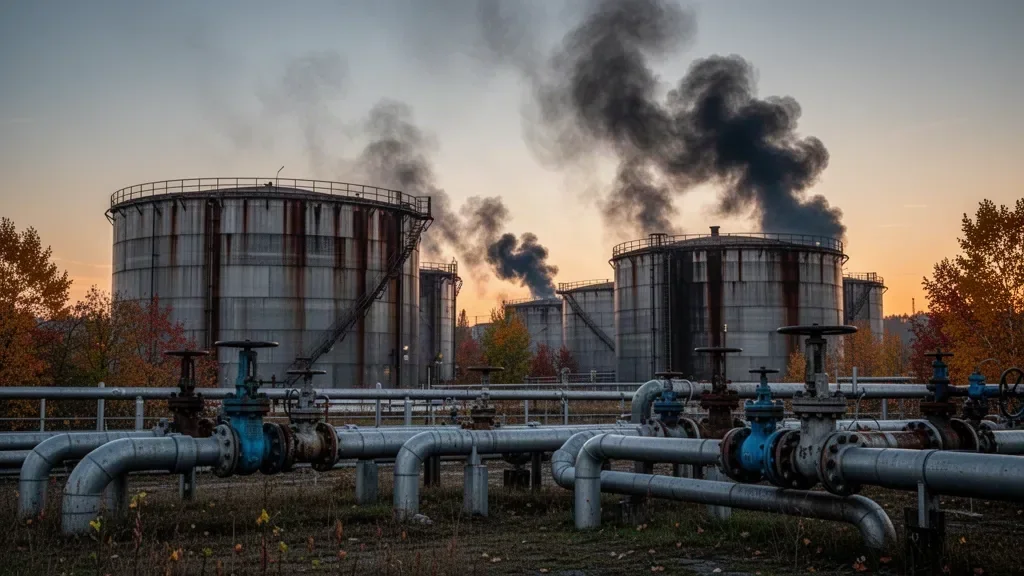 Великі промислові резервуари нафтобази з трубопроводами на світанку