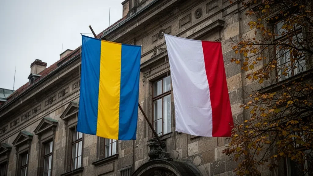 Флаги Украины и Польши рядом на фасаде здания городского совета на фоне пасмурного неба