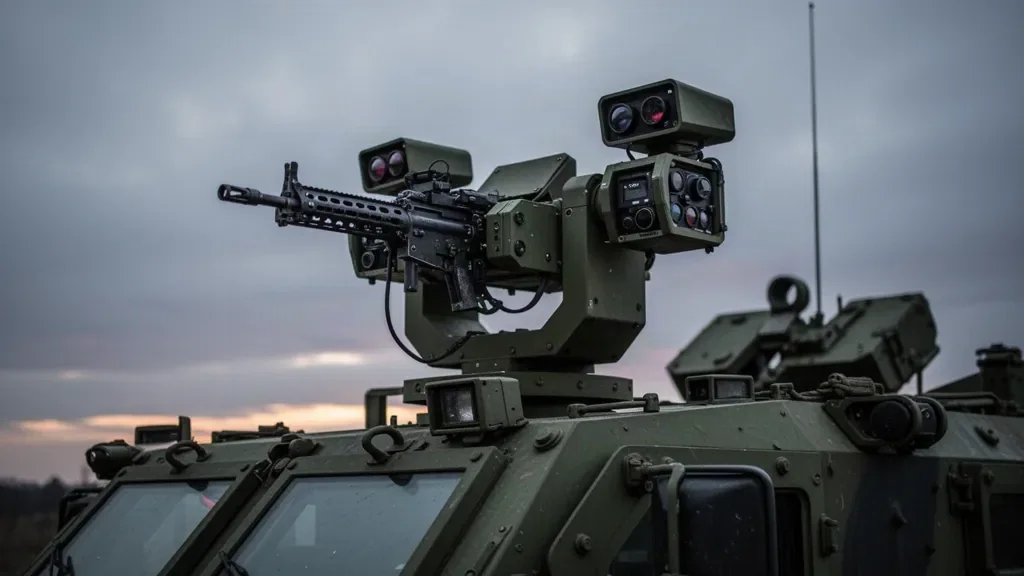 Роботизированная турель крупнокалиберного пулемета на крыше военного внедорожника на боевой позиции
