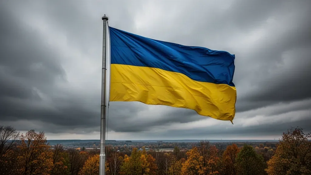 Флагшток із синьо-жовтим прапором на фоні хмарного неба