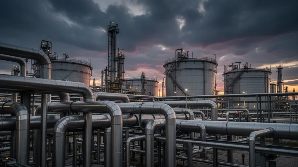 Промислові металеві труби та резервуари нафтопереробного заводу на тлі вечірнього неба