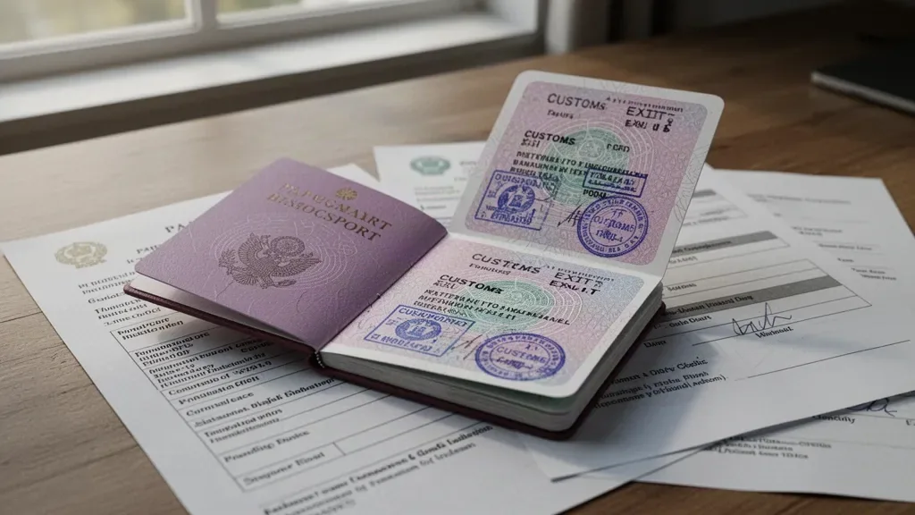 Закордонний паспорт з відмітками про перетин кордону та реєстраційні документи на столі