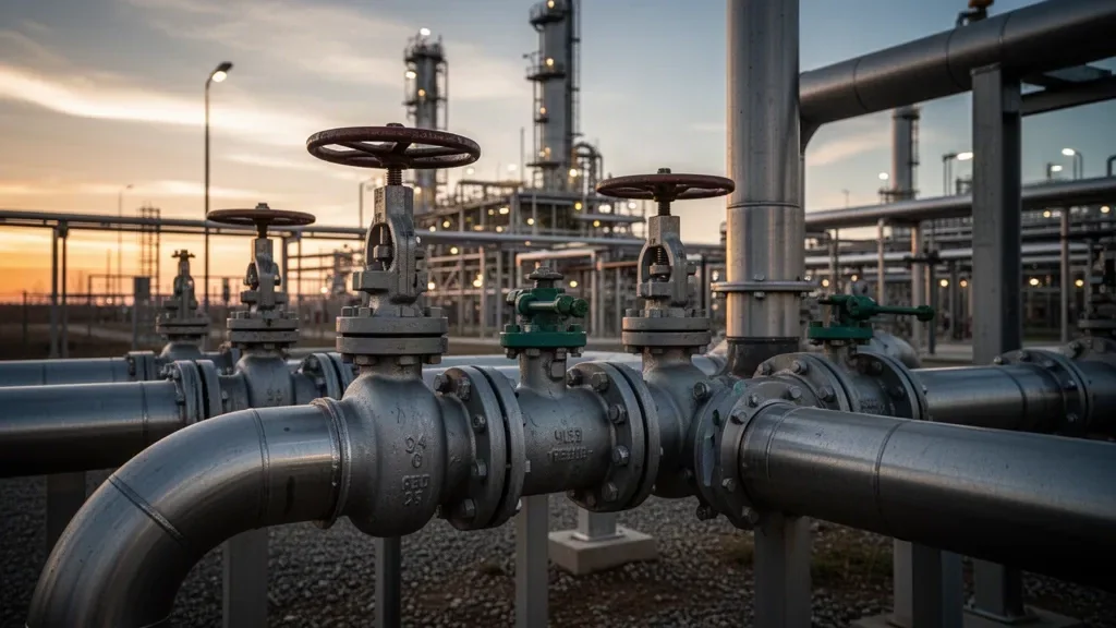 Металлические трубы и задвижки магистрального газопровода на фоне индустриального пейзажа