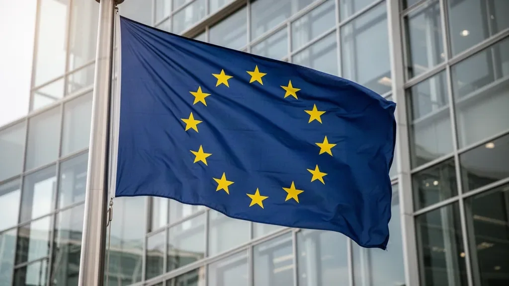 Прапор Європейського Союзу біля будівлі Ради ЄС у Брюсселі