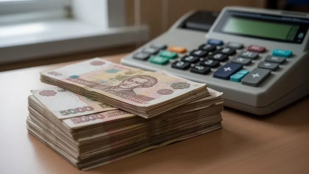 Счетные машинки и пачки банкнот национальной валюты на столе финансового учреждения
