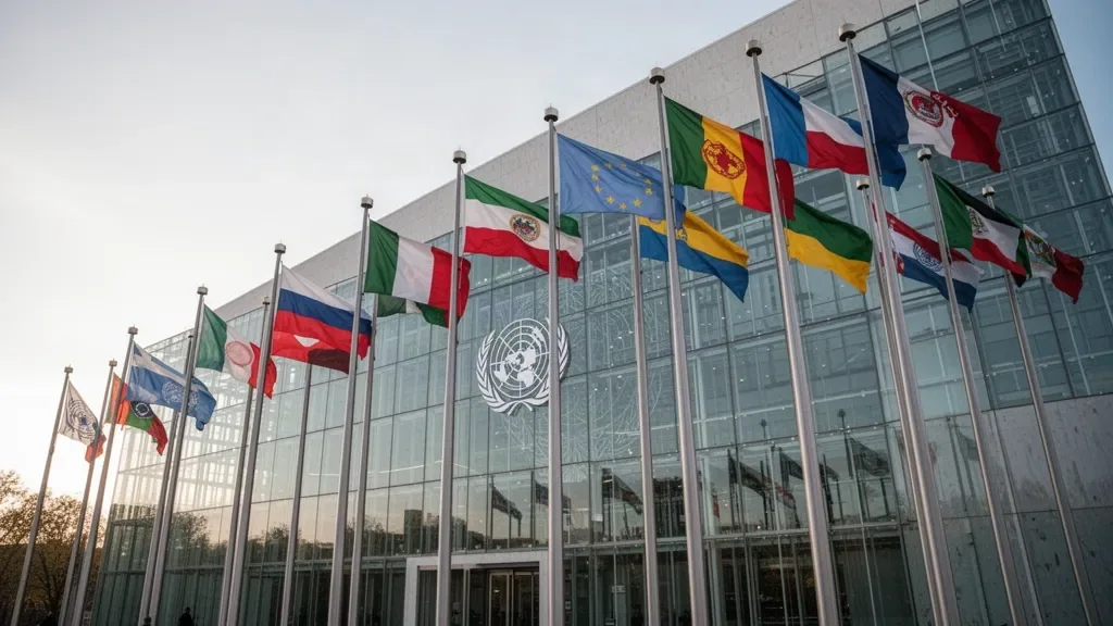 Фасад штаб-квартири Організації Об'єднаних Націй із прапорами держав-членів ООН