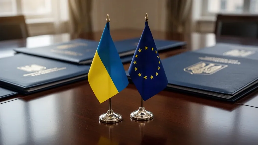 Два прапори: синій стяг Європейського Союзу із зірками та синьо-жовтий прапор України на столі дипломатичних переговорів