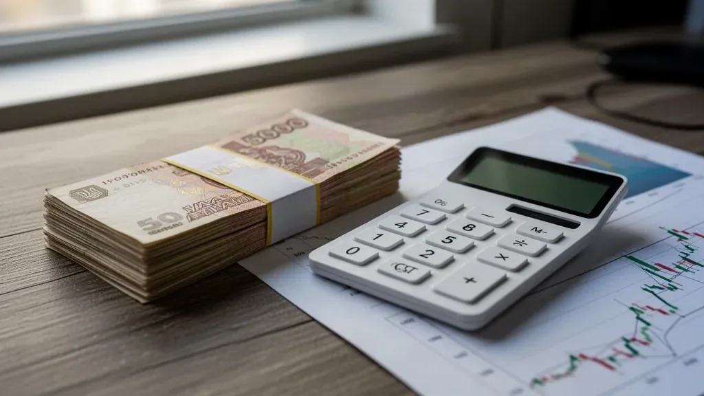 Паперові гривні різних номіналів та калькулятор на дерев'яному робочому столі