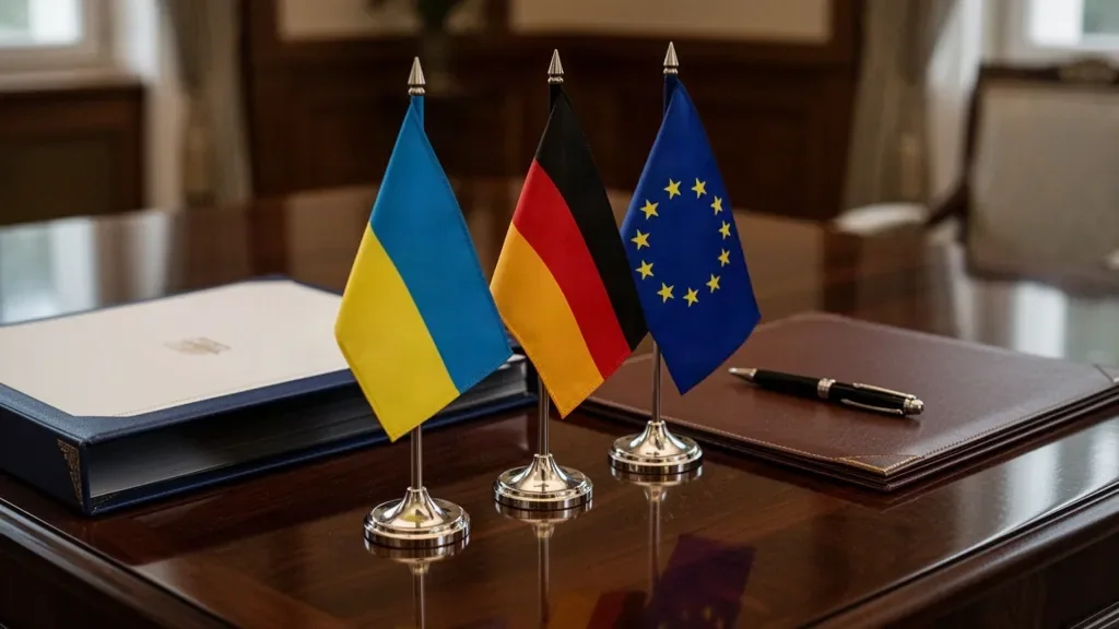 Державні прапори України та Німеччини поруч із прапором Євросоюзу на дипломатичному брифінгу