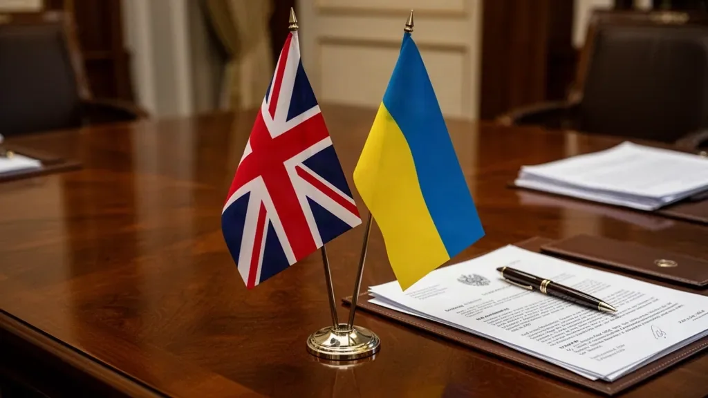 Прапори Великої Британії та України поруч із документами про фінансову співпрацю