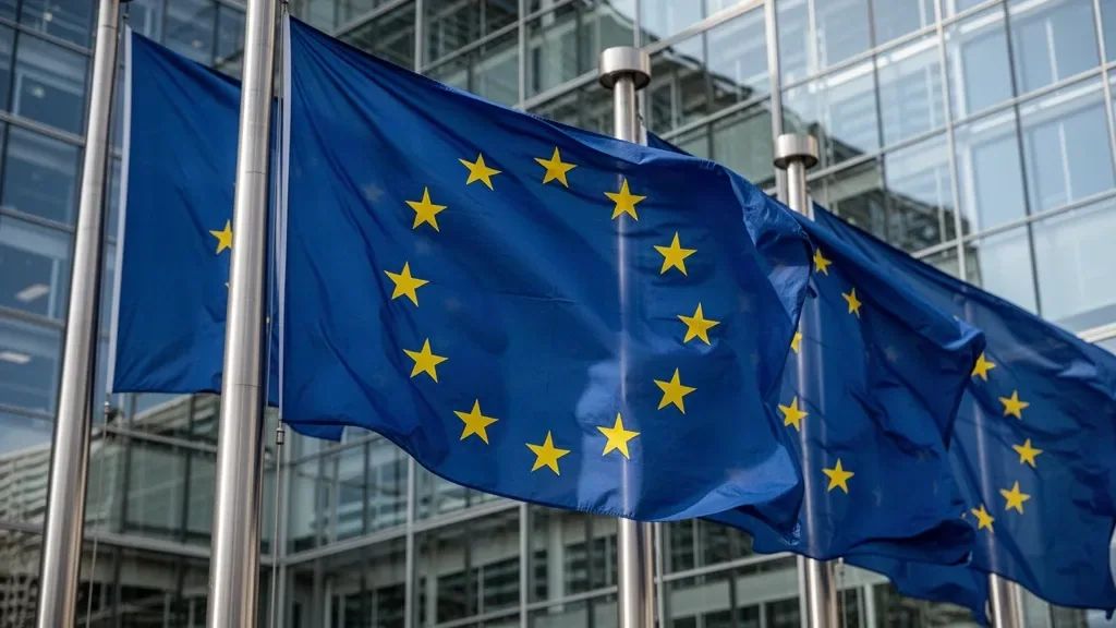 Флаги Европейского Союза возле здания европейского института при дневном свете