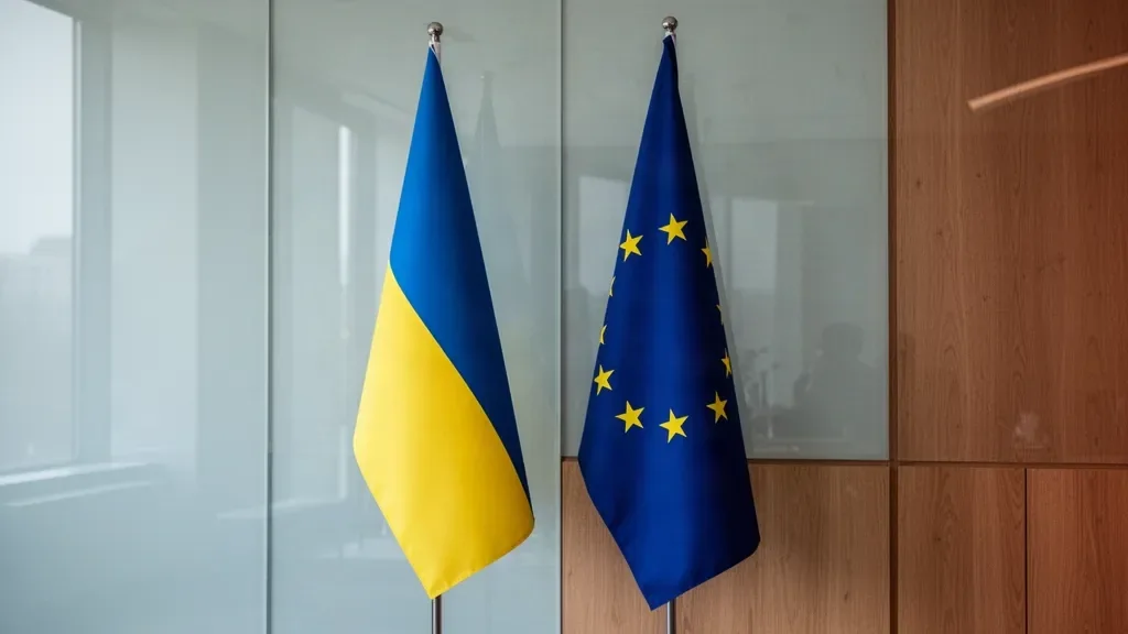 Прапори Європейського Союзу та України на міжнародному форумі