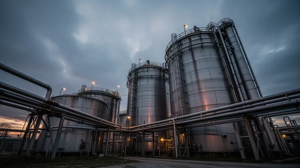 Промислові металеві резервуари та труби нафтового сховища на фоні вечірнього неба