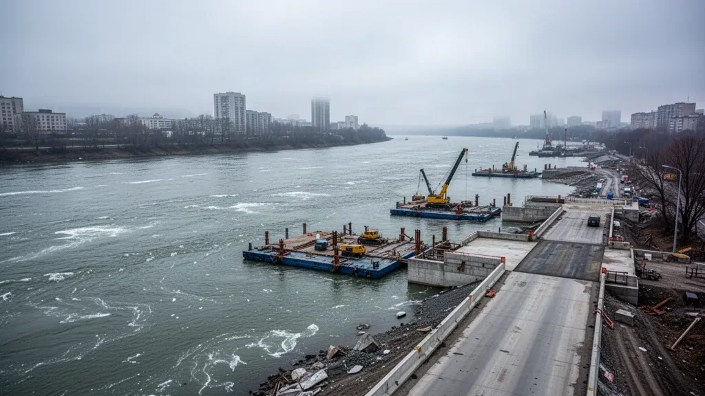 Широкая река Днепр в пасмурную погоду и опоры мостовой переправы на воде
