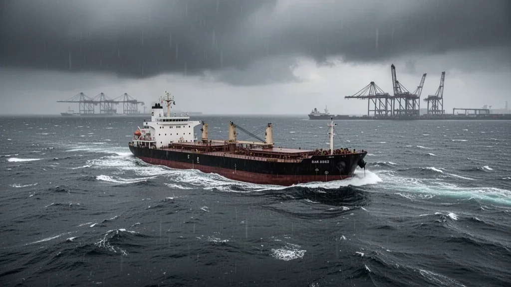 Морское грузовое судно в акватории Черного моря на фоне неспокойных волн и пасмурного неба