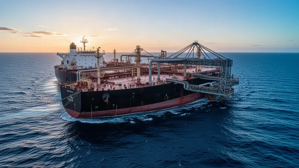 Великий нафтовий танкер на відкритій морській воді в океані на світанку