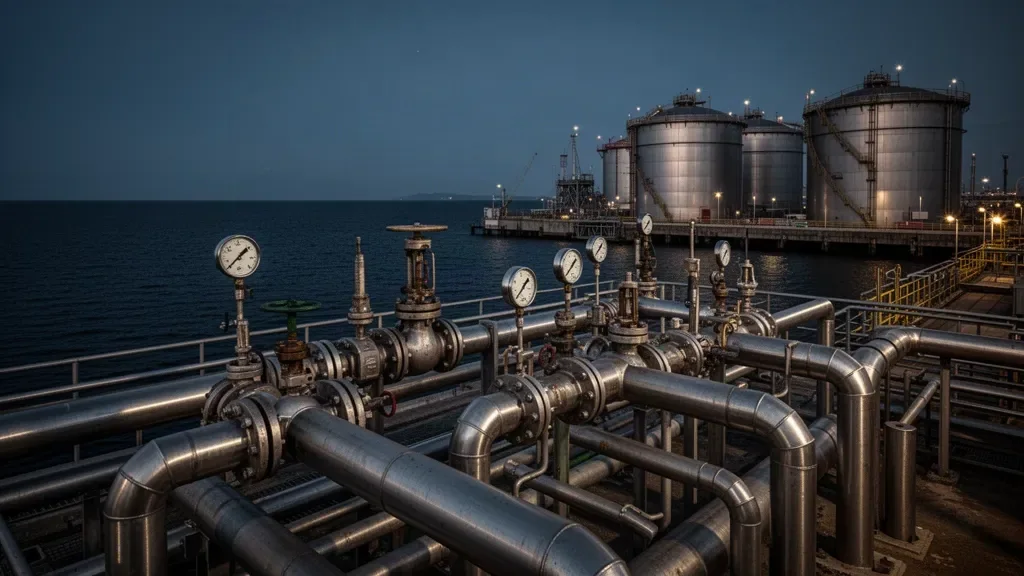 Нефтеналивной терминал в морском порту с трубопроводами и промышленными резервуарами