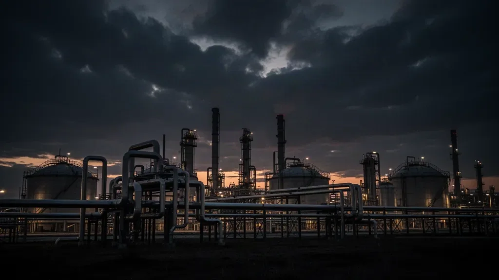 Силуэт металлических конструкций промышленного нефтеперерабатывающего предприятия в ночном небе